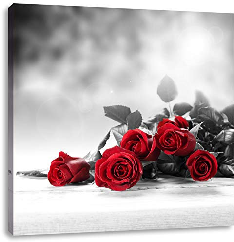 Pixxprint schöner Rosenstrauß auf Tisch, Größe: 60x60 cm, Leinwandbild Quadratisch, Wandbild, Kunstdruck, fertig bespannt