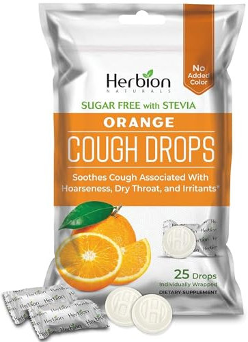 Herbion Naturals Sugar-Free Cough Drops with Natural Orange Flavor, Soothes Sore Throat, for Adults & Children 6 Years and Above, 25Ct