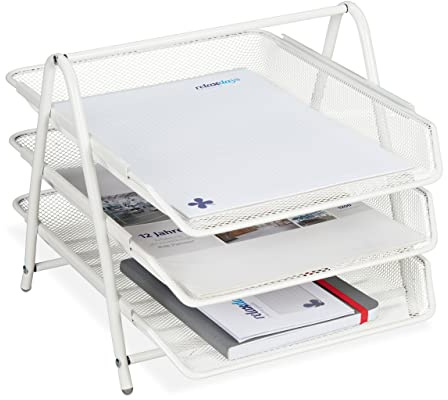 Relaxdays Dokumentenablage Metall, 8er Set, 3 Fächer, Gitter Design, weiß | für A4, Briefablage, HBT: 26,5 x 29,5 x 35,5 cm