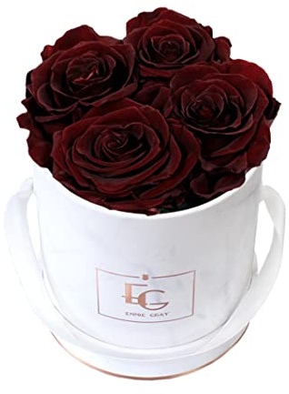 Classic Infinity Rosenbox | Round | XS | Marble Rosegold - 4 Infinity Rosen mit langjähriger Haltbarkeit, echte Rosen die bis zu 3 Jahre blühen, Emmie Gray Flowerbox, konservierte Rosen (Burgundy)
