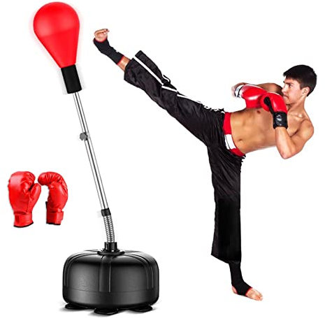 YLWX Boxsack Stehend Erwachsenen, Boxreflexbeutel Mit Handschuhen, Vertikaler Stanzkugel Zum Sparring Karate, Punchingball für Kickboxen (Color : Rot)