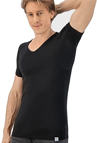 Fibershirts® Anti-svett skjorta - T-shirt mot svettfläckar - anti-svett undertröja - med Pro ArmPads och silverbehandling - herr - V-ringad, Svart., S