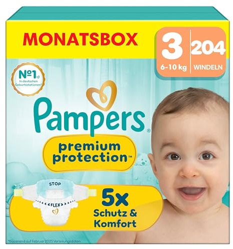 Pampers Couches Premium Protection Taille 3 (6-10 kg), 204 Couches Bébé, Pack 1 Mois, Notre N°1 Pour La Protection Des Peaux Sensibles