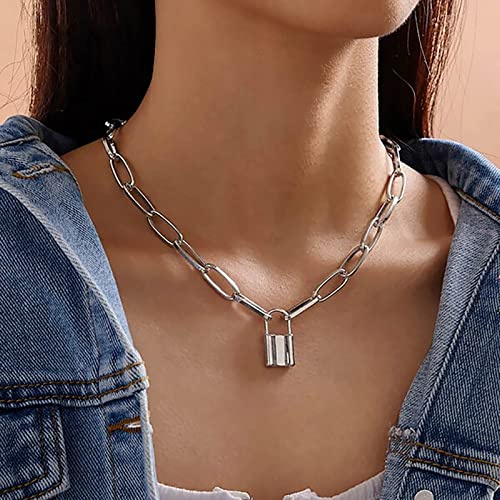 TseenYi Lock Necklace Punk Chunky Chain Necklace Silver Padlock Necklace Vintage Necklace Chain Jewelry for women and Girls Gifts