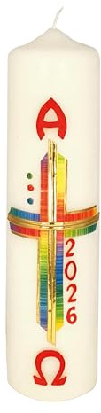 Kopschitz Kerzen Osterkerze Regenbogenkreuz, A und O, Jahreszahl 270 x Ø 70 mm
