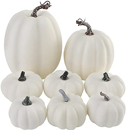Miaikoe 8 Pcs Verschiedene Größen Ernten Weiße Künstliche Kürbisse für Herbst Herbst Halloween Thanksgiving Verzieren und Anzeigen
