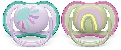 Ciuccio Philips Avent ultra air - 2 ciucci leggeri e traspiranti per bambini di età compresa tra 0 e 6 mesi, senza BPA, con custodia da trasporto per sterilizzatore (modello SCF085/59)