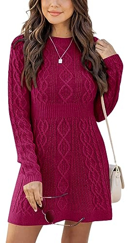 Ebifin Vestido de Punto para Mujer, Cuello Redondo, Jersey Elegante, Túnica, Vestido de Invierno, Línea A, Minivestido, Borgoña, XS