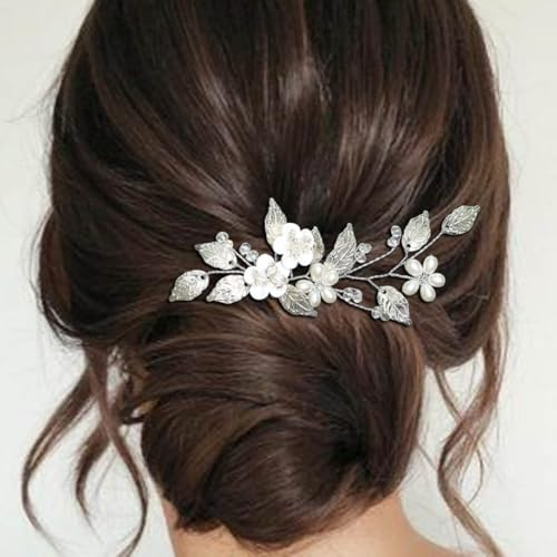 Ushiny Pearl Bride Hochzeit Haarnadel Silber Blumen Haarschmuck Blatt Braut Haarteil für Frauen und Mädchen