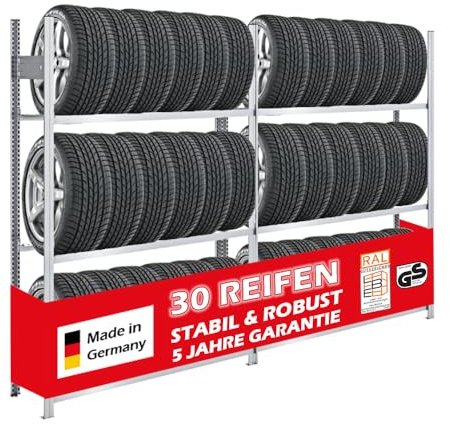 PROREGAL Reifenregal TIRE PRO Made in Germany | Komplettregal | HxBxT 200x260x43cm | 150kg Fachlast | bis zu 30 Reifen auf 3 Ebenen | Verzinkt | Reifenständer Garagenregal