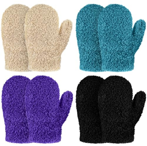 SATINIOR 4 Paires Gants Tricotés d'Enfants Mitaines en Polaire pour Enfants Moufles d'Hiver Tricotées Extensibles Moufles Chaudes d'Enfants (Noir, Violet, Kaki, Vert, 4-10 ans)