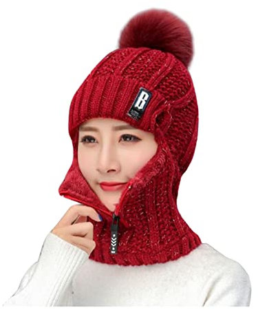 Damen Strickmütze 3 in 1 Fliegermütze mit Gehörschutz Strickschal Mütze Winter Fleece Warm Radmütze Bommelmütze Wintermütze Winddichte Wintermütze Ski Mütze mit Bommel für Radfahren Skifahren Laufen
