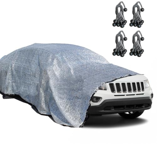 MaxAwe Alu Schattennetz, Auto Sonnensegel Atmungsaktiv Sonnenschutz UV Schatten Hitzeschutz, 4x6m 75% Verdunkelungsstoff mit 4X Elastisches Seil, Auto Abdeckung für Gewächshaus Camping Garten Dach