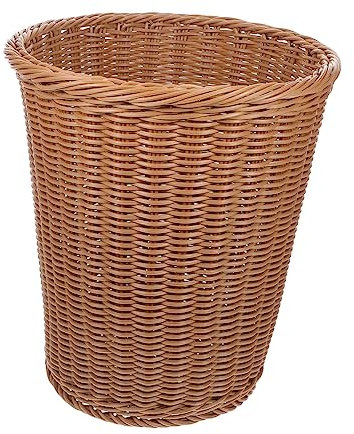 Amosfun Rust-resistant Iron Woven Rubbish Container, Handcrafted Imitated Rattan Waste Basket, Brown Round Open-top Trash Bin for Office and Home Use