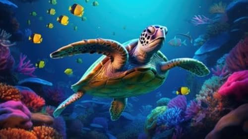 adrium Acryl-Bild 110 x 60 cm: Meeresschildkröte in der Unterwasserwelt mit bunten Korallen und kleinen Fischen. (214418553)