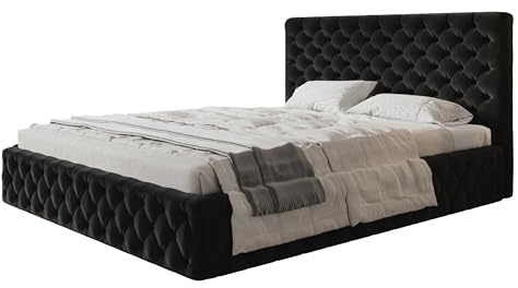 AlpiMeble Bett 160x200 - Polsterbett mit Bettkasten und Holzrahmen - Elegant Betten - Weicher Jasminstoff - Kollektion Miami, Schwarz