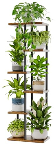 Bamworld Soporte alto para plantas de interior de 6 niveles, estante de metal marrón, soporte grande para plantas múltiples macetas para patio, jardín, esquina, balcón, sala de estar