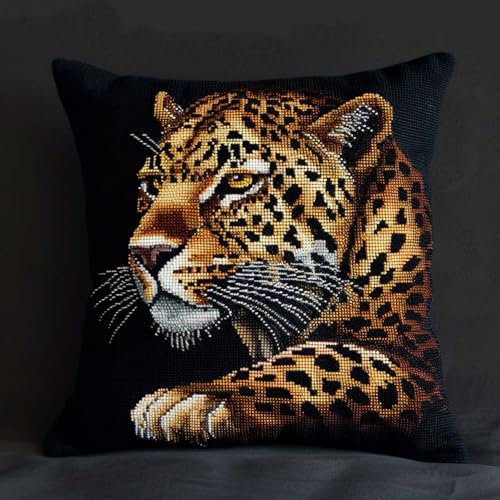 MAFANG 11CT Kreuzstich Kissen Set Leoparden-Tier-Sticksets Für Erwachsene，Anfänger，Kreuzstichkissen/Stickkissen-Set A 45x45cm