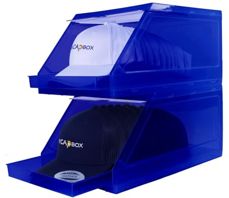 CapBox 2.0 (2-pack blå) hattorganiserare för basebollkepsar, stapelbar glidbricka hattställ och hatthållare hatthängare keps förvaringsbehållare 2 års garanti anti-lutning och brickpropp