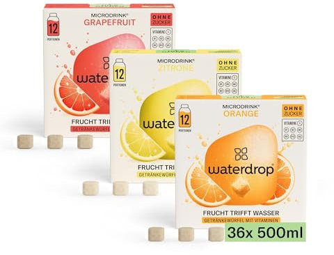 waterdrop® Set Microdrink, ARANCIA, LIMONE e POMPELMO, 36 cubetti effervescenti senza zucchero per aromatizzare l'acqua, Estratti di frutta e piante, Acqua Aromatizzata senza infusione a freddo