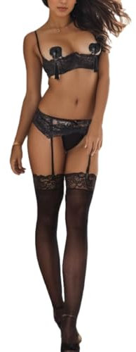 mini kitty Women Sexy Bra and Panty Push Up Quarter Cups Naughty Lingerie Sets Babydoll Lace Nightwear with Nipple Cover Suspender Stockings 3 Pieces (Black, L)