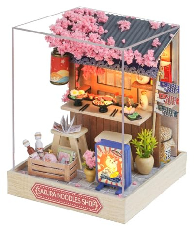 Ieron Kit Fai da Te per casa delle Bambole in Miniatura, Kit Fai da Te per Modelli di Casette Fatte a Mano in con Copertura Antipolvere, Kit per casa delle Bambole in Legno 3D, Sakura Noodle Shop