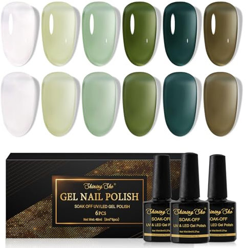 Shining She Vernis Semi Permanent Vert, 6 Couleurs Blanc Cyan Vert Gelée Vernis à Ongles Gel Cristal Transparent Soak Off UV/LED Semi Permanent Manucure Kit pour Salon De Manucure DIY Home, 8ML