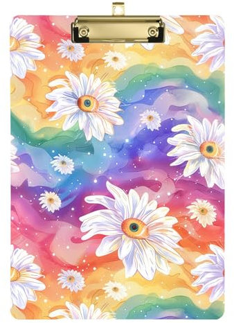 Klemmbrett mit kleinen Gänseblümchen auf Regenbogenfarben, A4, 31,8 x 22,9 cm, Inspektor-Klemmbrett mit flachem Profil-Clip für LKW-Fahrer, Bürobedarf