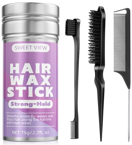 SWEET VIEW Hair Wax Stick & Slick Back Hair Brush for Tame Flyaways, Frizz, Sleek Ponytail, Buns | Pomade/Balm/Gel Stick for Woman, Styling Accessories for Girls, Kids