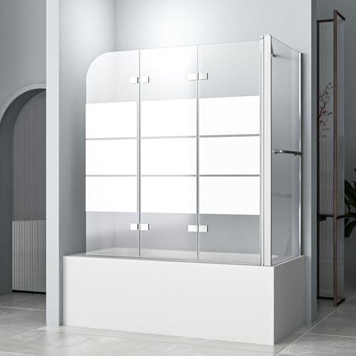 Duschabtrennung für Badewanne 120x140 cm 3-teilig Faltbar mit Seitenwand für 75 cm Badewanne, Gestreift Duschtrennwand mit 6mm EGS Glas