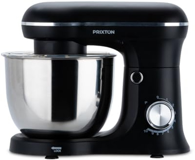 PRIXTON KR250 degmixer för bakverk, effekt 1 500 W, 10 hastigheter, 5 liters skål i rostfritt stål, 3 tillbehör, transparent lock (svart)