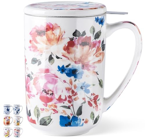GBHOME Teetasse mit Siebeinsatz & Deckel, 530ml Große Keramik Teetasse für losen Tee, Mikrowellen- & Spülmaschinengeeignet, Perfekt für Teeliebhaber,Vier Jahreszeiten Rot