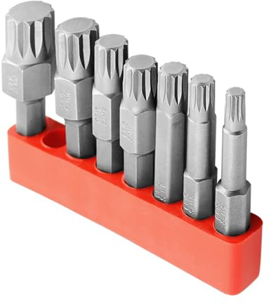 Treki 7 Stück 12-Kant Torx Bit Set 50mm Kurz Stubby Innenvielzahn Bitsatz mit 6,35mm Sechskantschaft, [S2 Stahl M4-M12] Innenvielzahn Schraubendreher Bit Hex Schaft Vielzahn Bits Set für Akkuschrauber