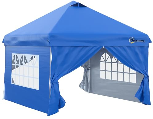 Outsunny Tonnelle Pop-up Tente de Jardin Barnum 3x3 m Hauteur Ajustable 3 Niveaux avec fenêtres, 4 parois latérales Amovibles, Sac de Transport à roulettes, Bleu