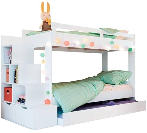 Miroytengo Litera para 3 Niños, Litera Juvenil con Cama Nido Mika, Estantería y 2 Cajones Color Blanco 80x190 cm