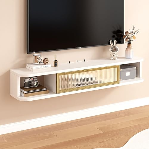 Console d'entrée en marbre avec miroir, meuble TV mural moderne, meuble TV flottant, console multimédia murale, meuble de divertissement en bois avec porte à rabat, éclairage LED, design à d