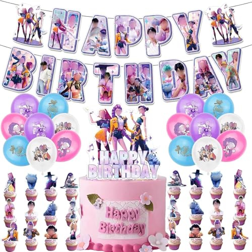 42 Pcs Hun-ters Kit de décoration d'anniversaire, bannière, grande décoration de gâteau, 24 mini décorations et 16 ballons – Décoration de fête cool pour enfants et fans