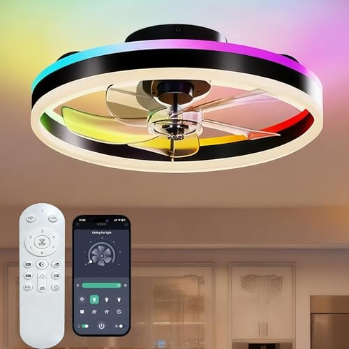 RGBCW Ceiling Fan with Lights, 50cm Smart LED Fan Light Fully Assembled, 10 Dynamic RGB Modes, App/Remote Control, 5500LM Dimmable, 6 Speeds Reversible, Quiet Fan Light Ceiling for Bedroom Kitchen