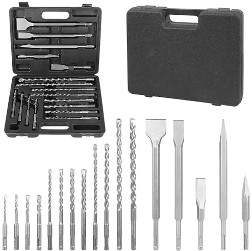 Professional 17-Piece Plus Rotary Hammer Drill Bit and Chisel Set, Heavy Duty Masonry Bits for Concrete, Tile, Brick Work, with Storage Case