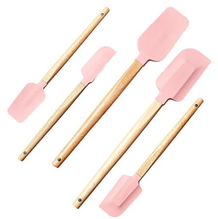 Spatole da forno in silicone 5 con manico in legno resistente calore, utensili da cucina per barattoli miscelazione della pastella, raschiando set spatole in silicone