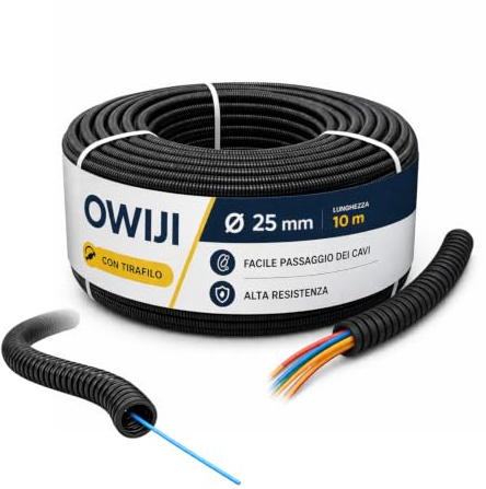 OWIJI Corrugato da Esterno con Tirafilo Ø 25 mm x 10 m Guaina per Cavi Elettrici Tubo Corrugato Esterno Protettivo Isolante Flessibile in ABS Copricavo Nero Raccogli Cavi per Casa Auto Ufficio