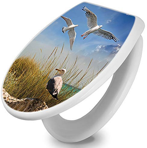 banjado Toilettendeckel mit Absenkautomatik 44,5x37cm / WC Brille Soft Close/hygienischer Toilettendeckel/Klodeckel Duroplast Edelstahl Scharniere einfache Montage/Motiv Möwen