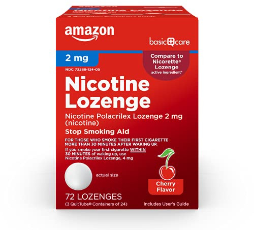 Amazon Basic Care Nicotine Polacrilex Lozenge, 2 mg (Nicotine), Cherry Flavor, Stop Smoking Aid, Reduces Cravings, Nicotine Replacement Therapy, 72 Count