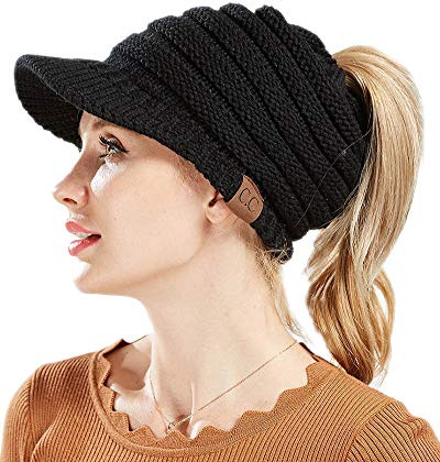 ZiXing Damen Wintermütze Pferdeschwanz Mütze Strickmütze Gestrickte Baseballmütze mit Zöpfen Loch Beanie Hut für Pferdeschwanz Brötchen