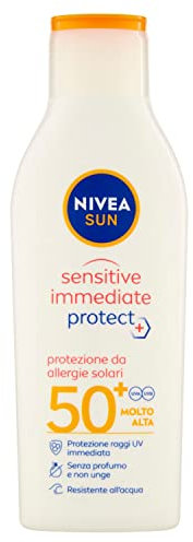 NIVEA SUN Crema Solare Sensitive Immediate Protect FP50+ in flacone da 200 ml, Latte solare con Aloe Vera e Antiossidanti, Protezione solare contro le allergie solari
