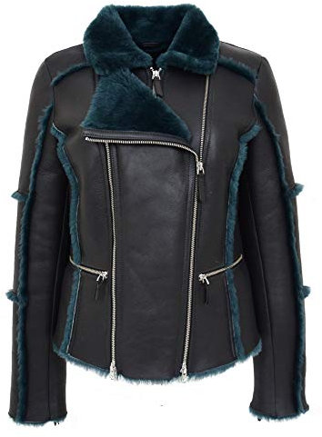A1 FASHION GOODS Damen Echtes Schaffell Jacke Schwarz Merino Grün Shearling Designer Fliegermantel Eleanor (XXL - EU 44)