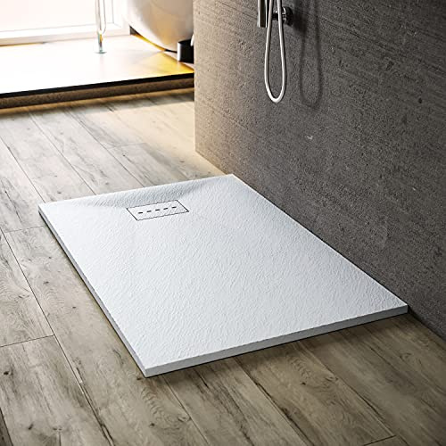 SONNI Duschwanne 160x80 cm, 32 mm Extra Flach, Weiß, SMC, Mit Siphon | Extra flache Duschwanne in Schieferoptik mit rutschhemmender Oberfläche für sicheren Stand und eine moderne Badgestaltung