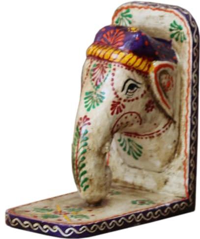 GURU SHOP Handgearbeitete Verzierte, Filigran Bemalte Buchstütze - Elefant Beige/bunt, 15x14x8 cm