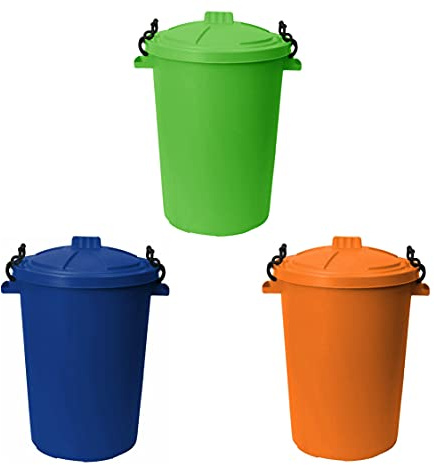M1SS (Set of 3 50 Litre Blue, Orange and Lime Green Heavy Duty Plastic Clip Lock Lid Bin Indoor or Outdoor Rubbish, Trash Can, Dustbin Waste or Storage of Animal Feed.