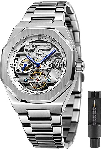 Tiong Mechanische Herrenuhren Automatische Edelstahl Skeleton Herrenuhr | Mode Automatische Herrenuhr mit Geschenkbox,Klassische Edelstahl Wasserdichte Business Skeleton Uhr als Geschenk für Männer